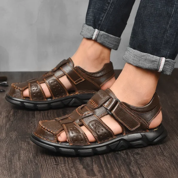 New Men's Sandals Summer Cowhide Beach Summer Sports Brown Color