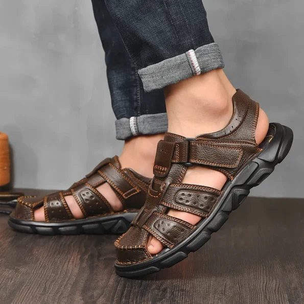 New Men's Sandals Summer Cowhide Beach Summer Sports Brown Color