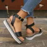 Spring Summer Women’s Plus-Size Twine Bottom Muffin Platform Black Color Sandals