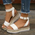 Spring Summer Women’s Plus-Size Twine Bottom Muffin Platform White Color Sandals 2