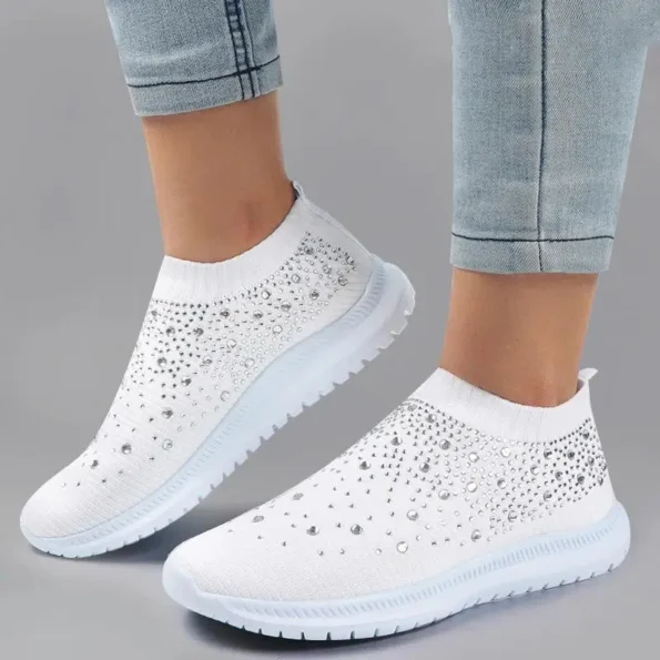 White Rhinestone Elastic Sock Casual Men's And Women's Sports Shoes