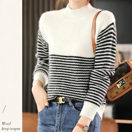 White Women's Pullover Wool Casual Knit Loose Mock Neck Ladies Sweatshirt Sweater