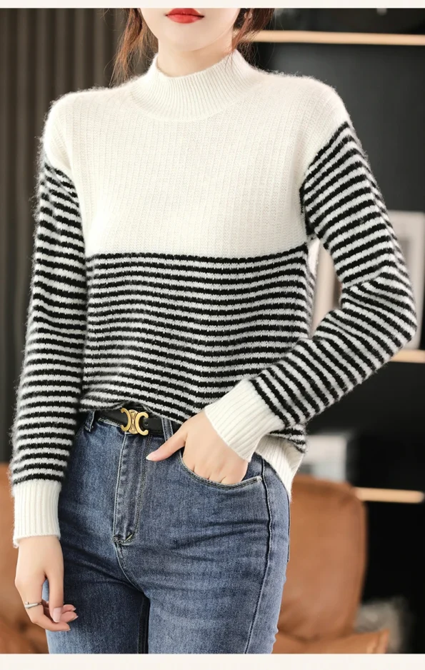 White Women's Pullover Wool Casual Knit Loose Mock Neck Ladies Sweatshirt Sweater