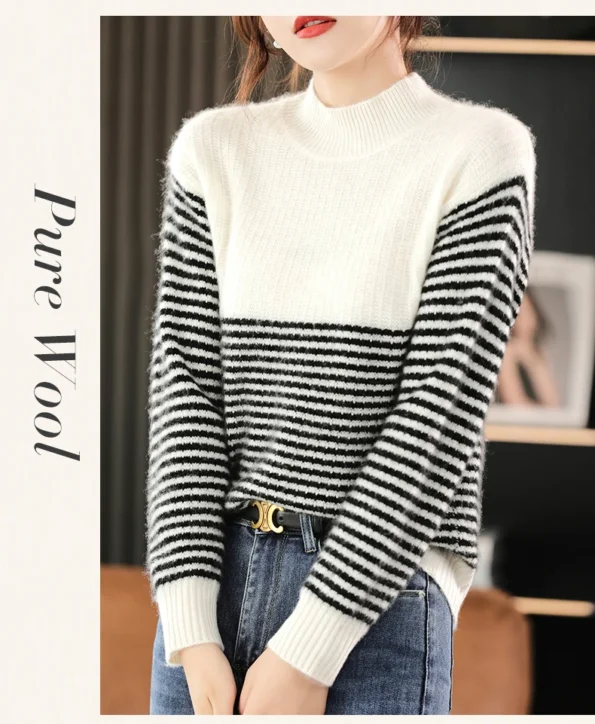 White Women's Pullover Wool Casual Knit Loose Mock Neck Ladies Sweatshirt Sweater