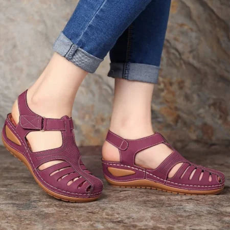 Women's Cross-Border Baotou Hollowed-Out Wedge Wine Red Color Sandals Roman Wind Manufacturers