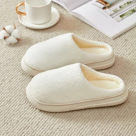 Wool and Thick Cotton Slippers Thick Soled Solid White Color Indoor Shoes