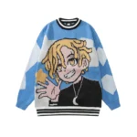 Cartoon Portrait Men Women Blue Knit Sweatshirt