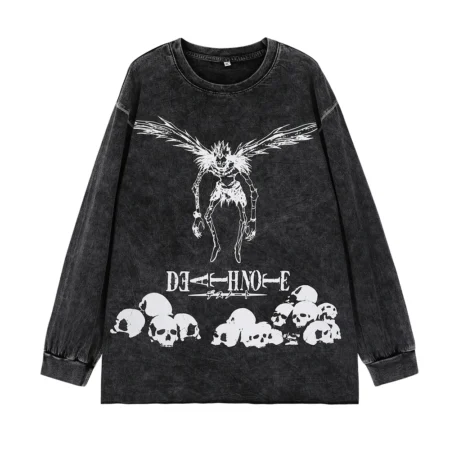 Death Note Oversize Washed Long Sleeve Men Knit Black Sweatshirt