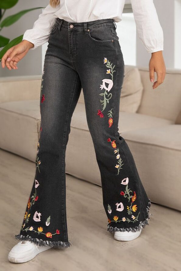 Embroidered Women's Flared Casual Full Length Black Jeans