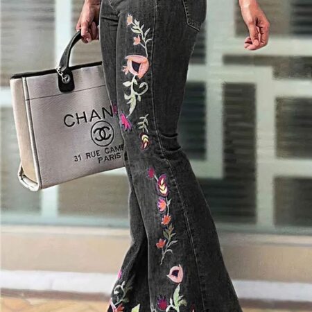 Embroidered Women's Flared Casual Full Length Black Jeans