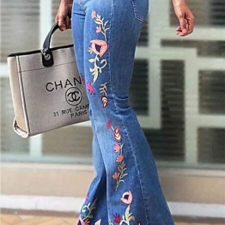Embroidered Women's Flared Casual Full Length Blue Jeans