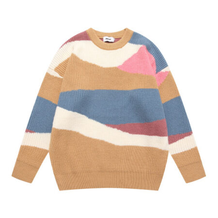 Japanese Retro Patchwork Design Men Women Knit Beige Sweatshirt