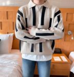 Loose Trend Lazy Retro Long-Sleeved Men Beige Knit Sweatshirt