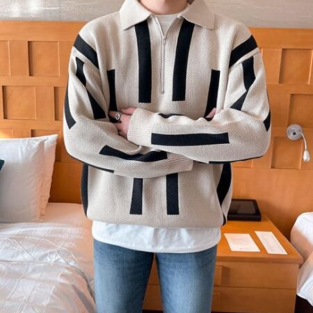 Loose Trend Lazy Retro Long-Sleeved Men Beige Knit Sweatshirt