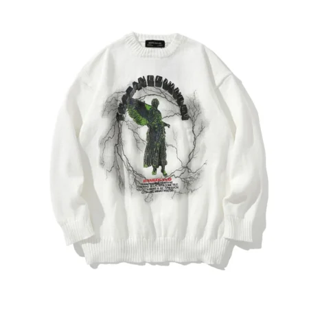 Men's Angel Lightning Printed White Knit Sweatshirt