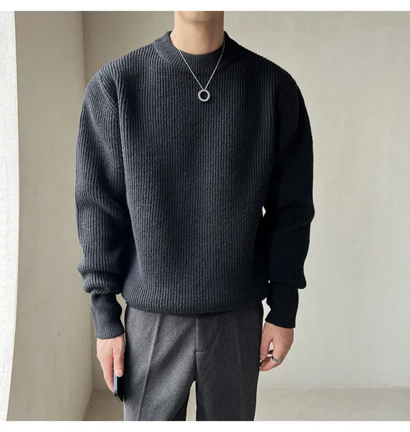 Men's Warm Thick Loose Casual Bottom Pullover Black Sweater