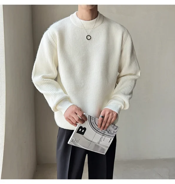Men's Warm Thick Loose Casual Bottom Pullover White Sweater