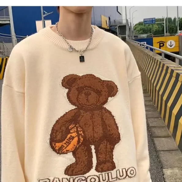 Men's Women's Cartoon Bear Jacquard Knitted Beige Sweatshirt