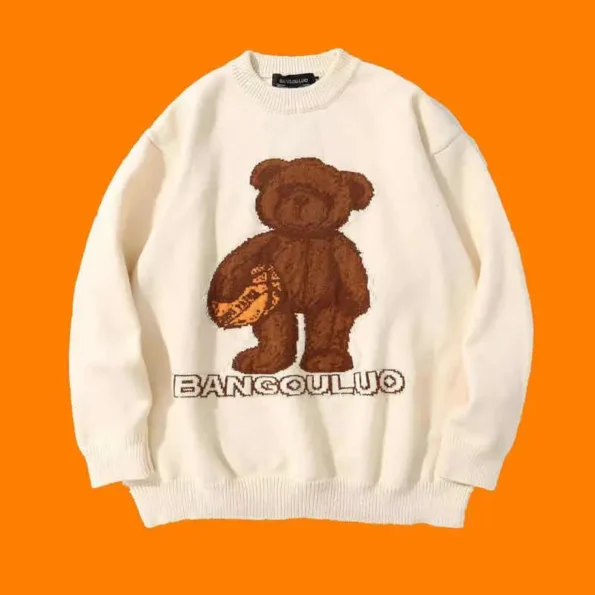 Men's Women's Cartoon Bear Jacquard Knitted Beige Sweatshirt