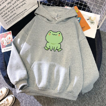 Men's Women's Kawaii Fat Frog Print Grey Hoodie