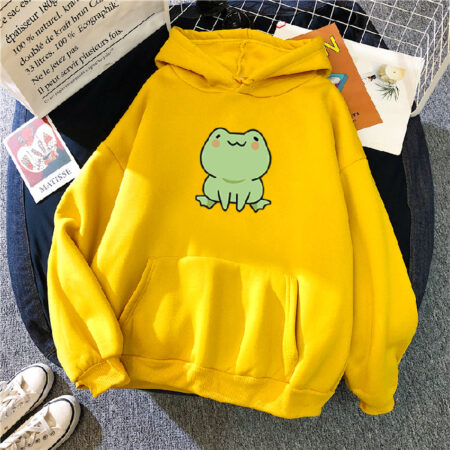 Men's Women's Kawaii Fat Frog Print Yellow Hoodie