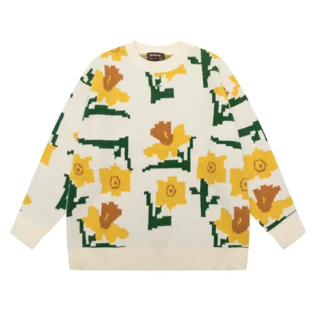 Men's Women's Sunflower Graphic Beige Knit Sweatshirt