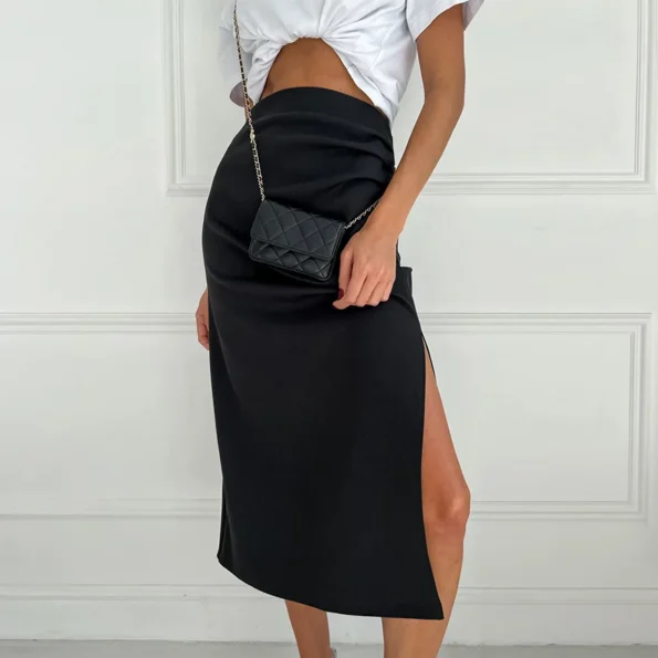 Midi Solid High Waist Ladies Sweat Black Skirt