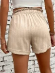 Solid Paper Bag Waist Textured Casual Women Shorts