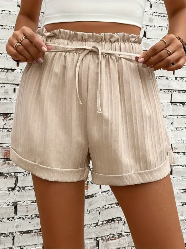 Solid Paper Bag Waist Textured Casual Women Shorts