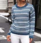 Thick Striped Spliced Slight Strech Loose Knit Blue Sweatshirt