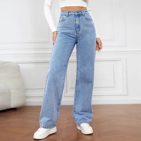 Women's High Waist Stretch Denim Vintage Straight Blue Jeans