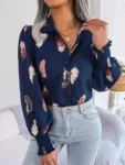 Printed Lapel Lantern Sleeve Casual Buttons Blue Shirt for Women