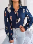 Printed Lapel Lantern Sleeve Casual Buttons Blue Shirt for Women