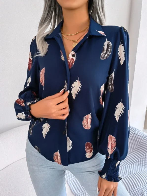 Printed Lapel Lantern Sleeve Casual Buttons Blue Shirt for Women