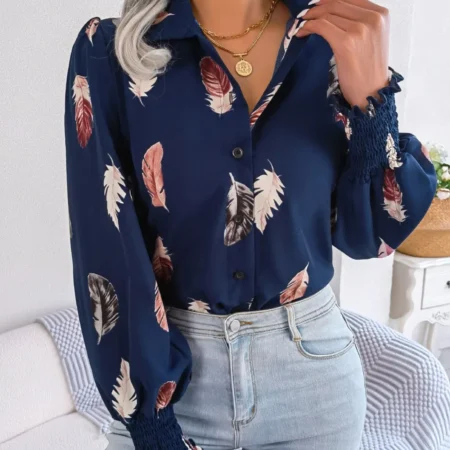 Printed Lapel Lantern Sleeve Casual Buttons Blue Shirt for Women