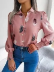 Printed Lapel Lantern Sleeve Casual Buttons Pink Shirt for Women