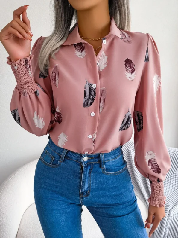 Printed Lapel Lantern Sleeve Casual Buttons Pink Shirt for Women