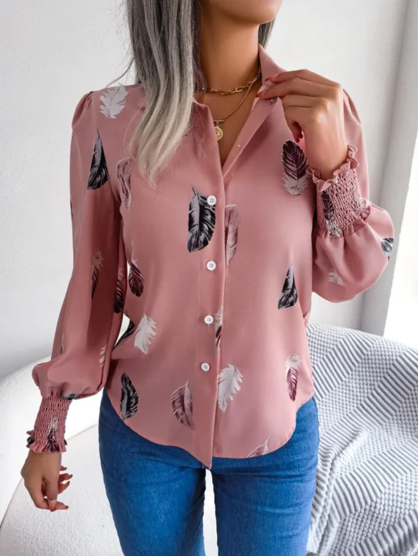 Printed Lapel Lantern Sleeve Casual Buttons Pink Shirt for Women