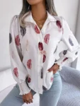 Printed Lapel Lantern Sleeve Casual Buttons White Shirt for Women