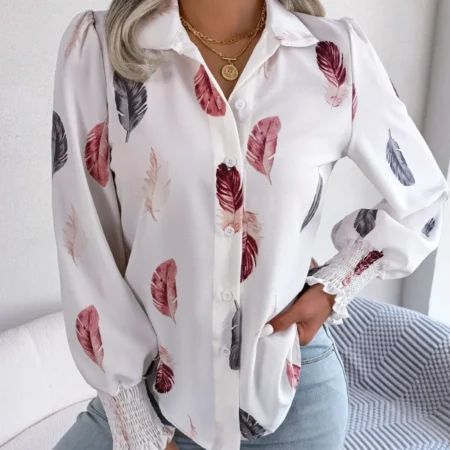 Printed Lapel Lantern Sleeve Casual Buttons White Shirt for Women